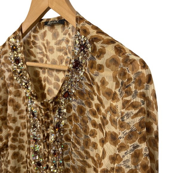 TieRack Leopard Print Sequin Beaded Lace Up Kaftan Tunic Brown Tan One Size - Picture 4 of 13
